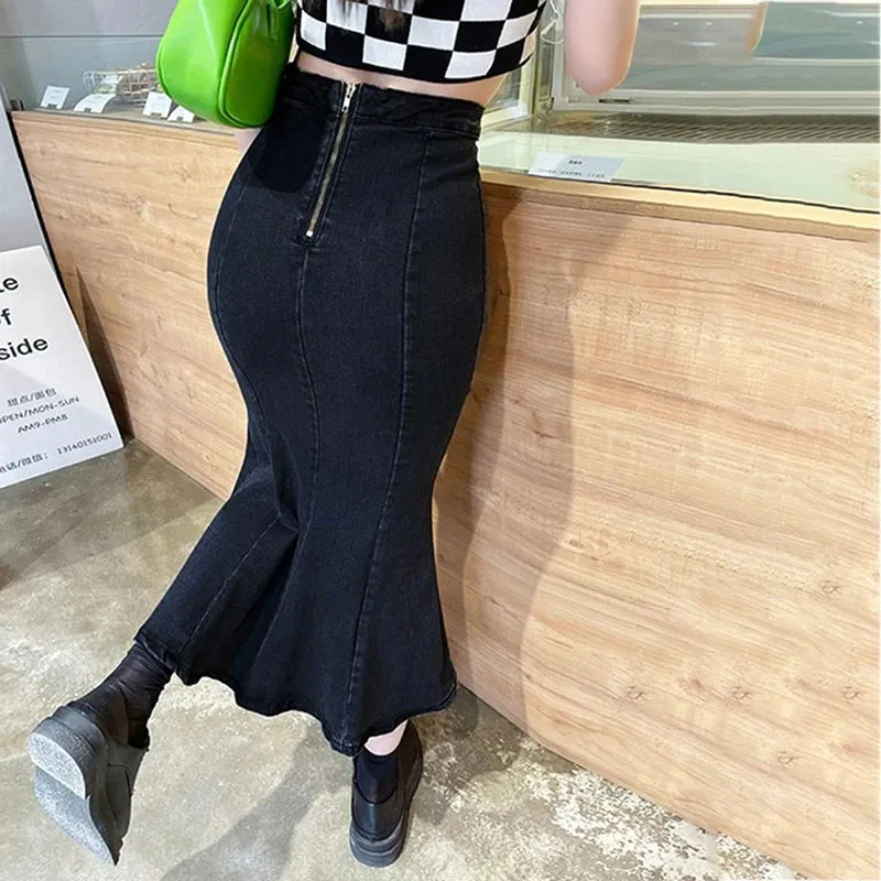 LVSANW BIYABY Korean Style Bodycon Fishtail Skirts for Women Fashion Denim Split Long Skirt 2024 New High Waisted Ruffles Midi Skirts