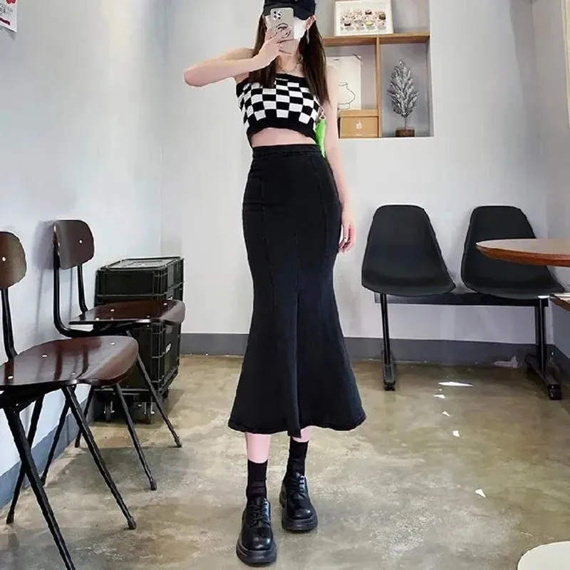 LVSANW BIYABY Korean Style Bodycon Fishtail Skirts for Women Fashion Denim Split Long Skirt 2024 New High Waisted Ruffles Midi Skirts