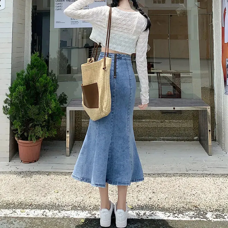 LVSANW BIYABY Korean Style Bodycon Fishtail Skirts for Women Fashion Denim Split Long Skirt 2024 New High Waisted Ruffles Midi Skirts