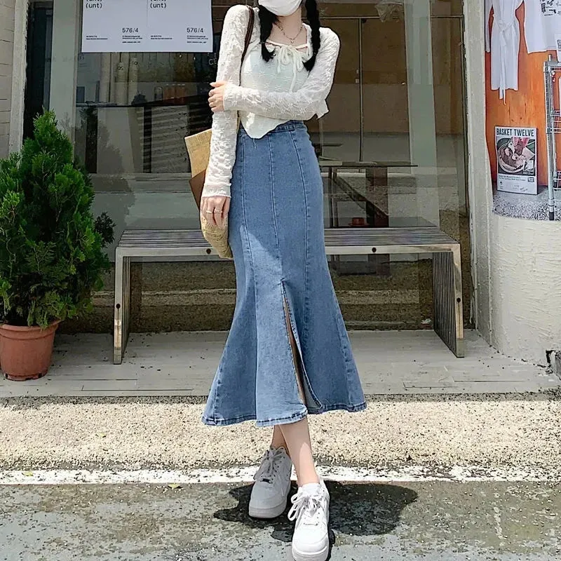 LVSANW BIYABY Korean Style Bodycon Fishtail Skirts for Women Fashion Denim Split Long Skirt 2024 New High Waisted Ruffles Midi Skirts