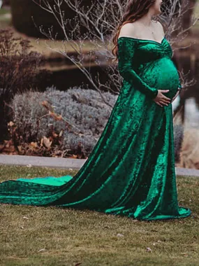 Momnfancy Off Shoulder Velvet  Long Sleeve Baby Shower Maternity Maxi Dress