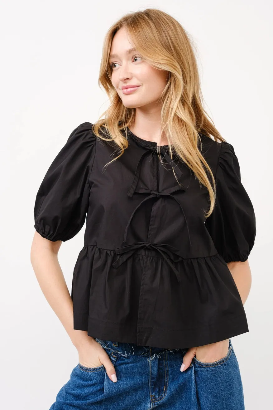 Poplin Front Bow Puff Sleeve Top