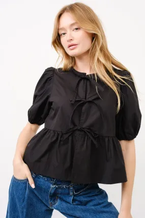 Poplin Front Bow Puff Sleeve Top