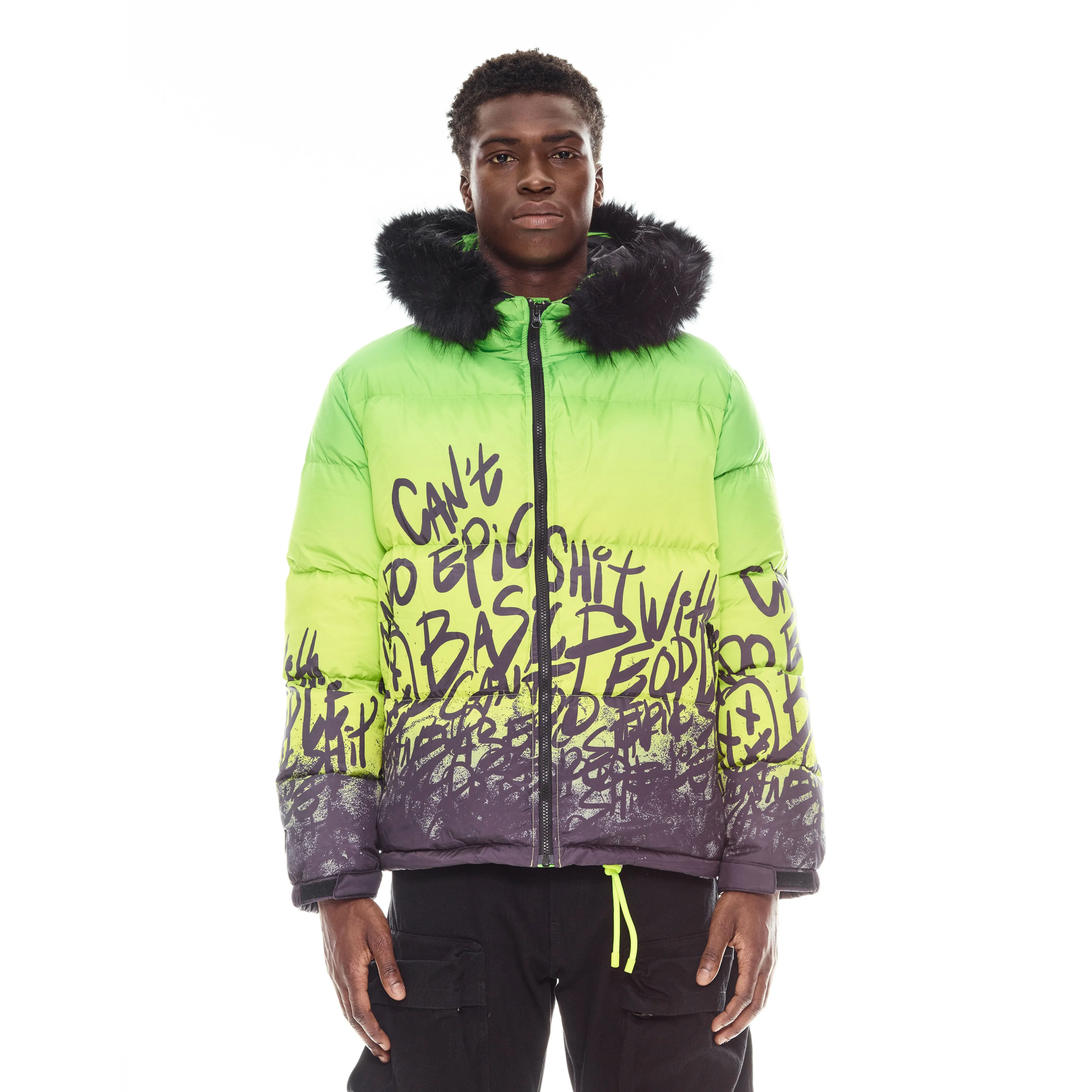 PUFFER JACKET WITH FUR HOOD IN NEON YELLOW