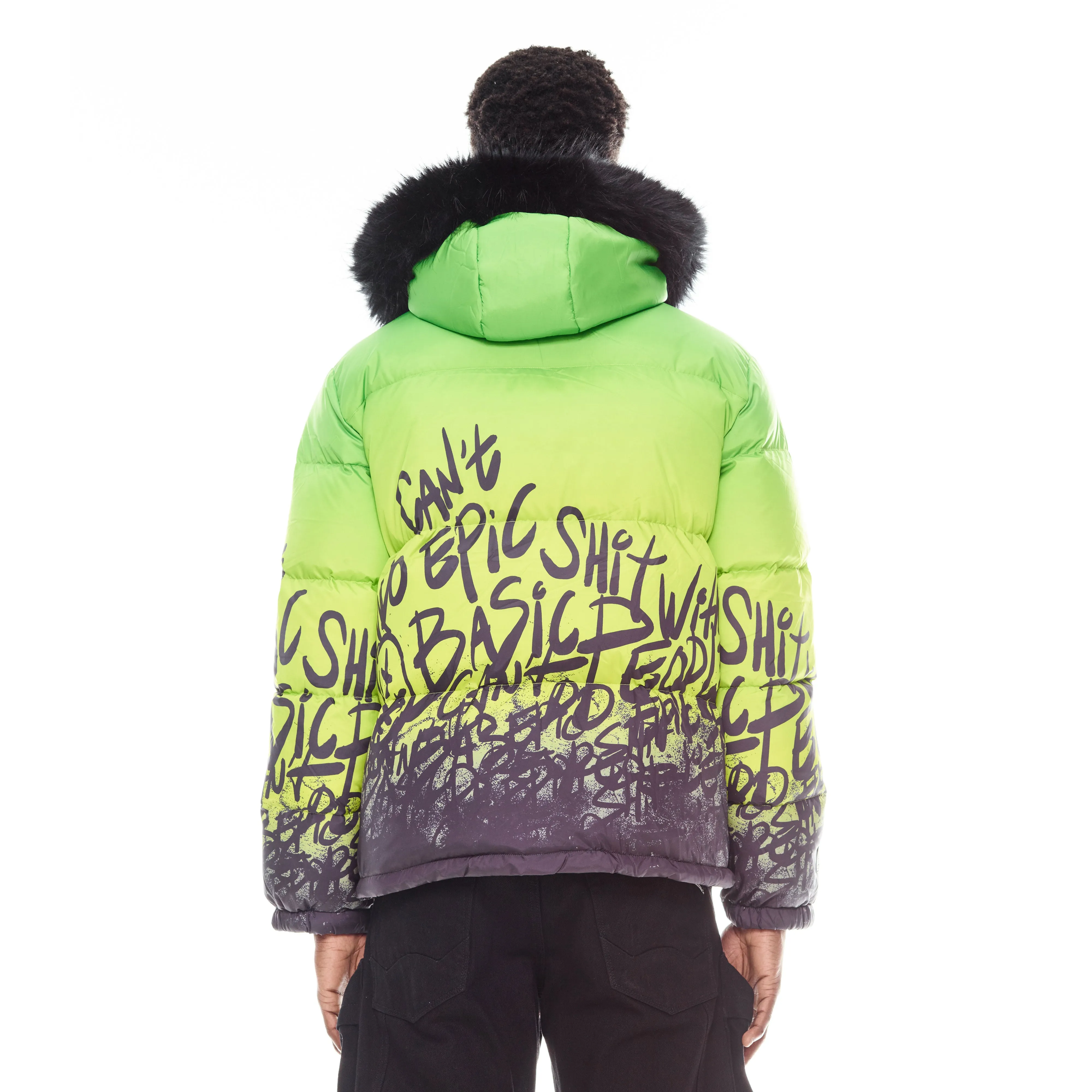 PUFFER JACKET WITH FUR HOOD IN NEON YELLOW