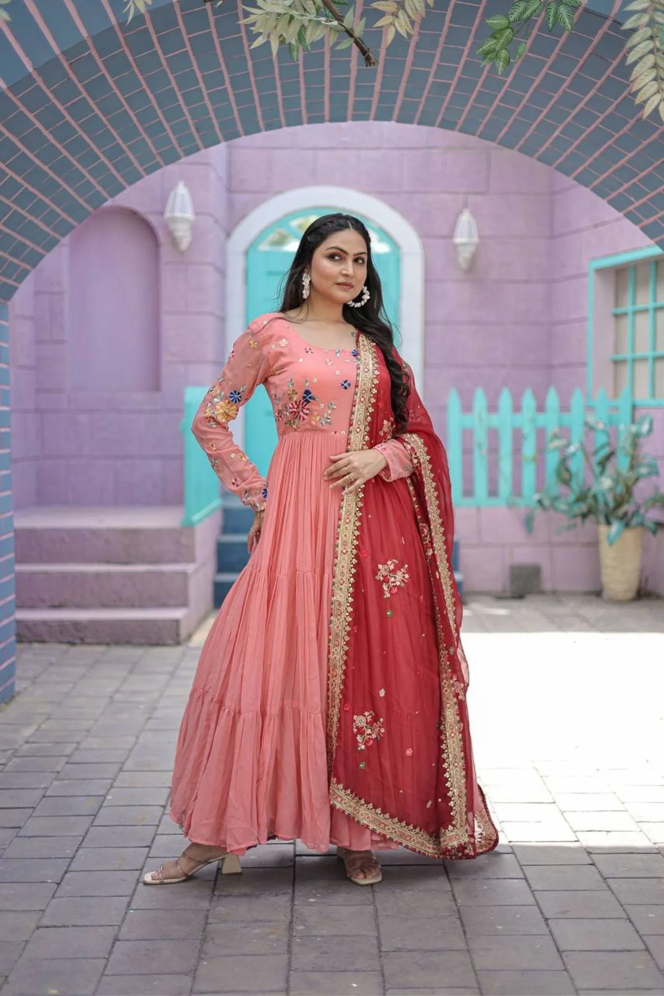 The Beauty of Georgette Embroidered Threadwork Gown with Dupatta