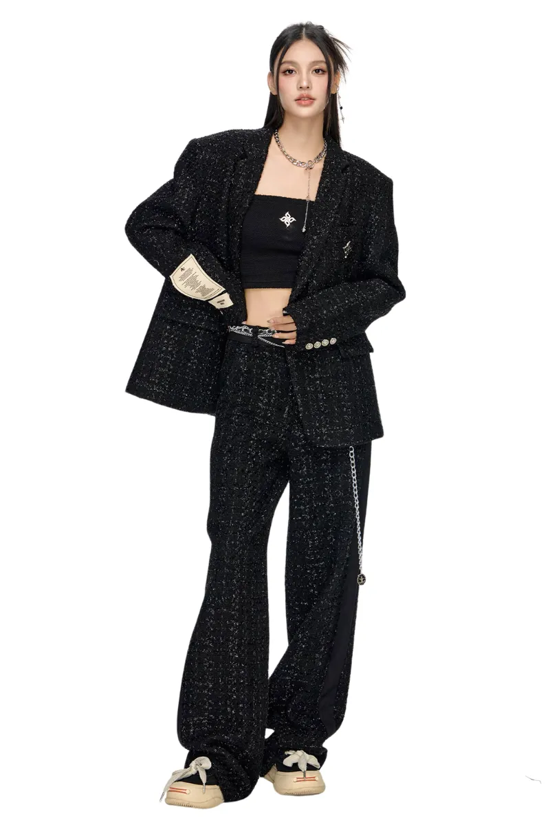 Unisex Wide-Shouldered Loose-fit Tweed Suit Jacket