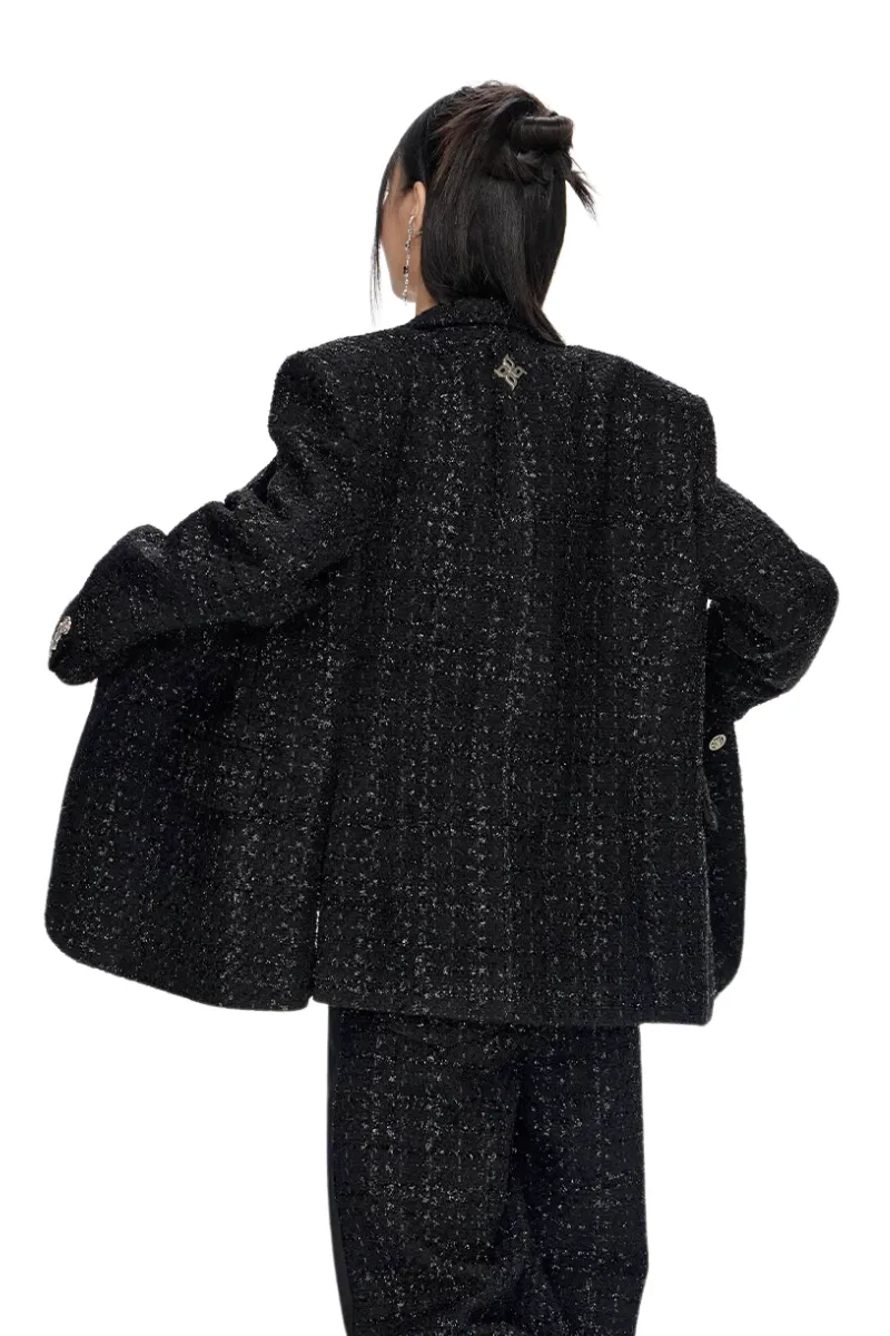 Unisex Wide-Shouldered Loose-fit Tweed Suit Jacket