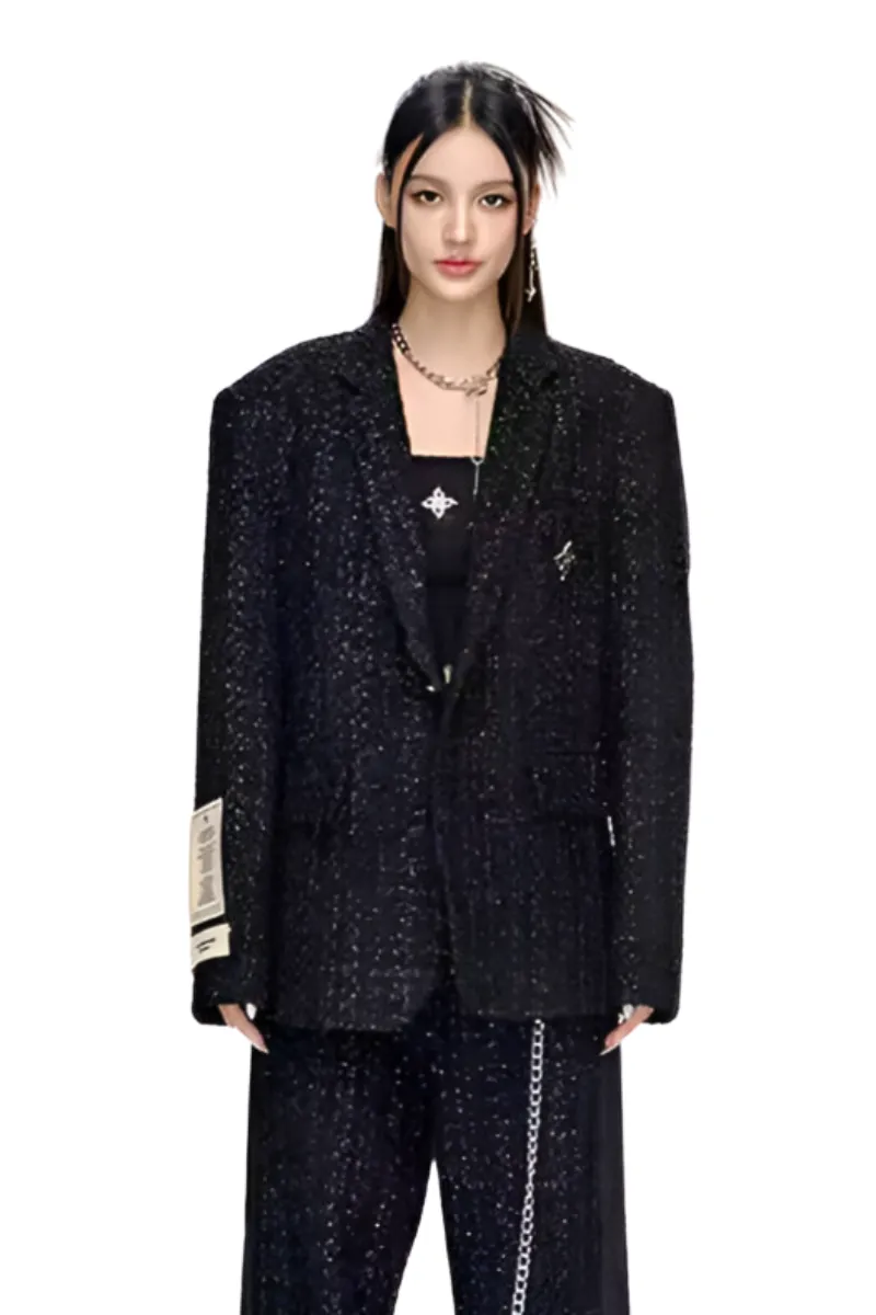 Unisex Wide-Shouldered Loose-fit Tweed Suit Jacket