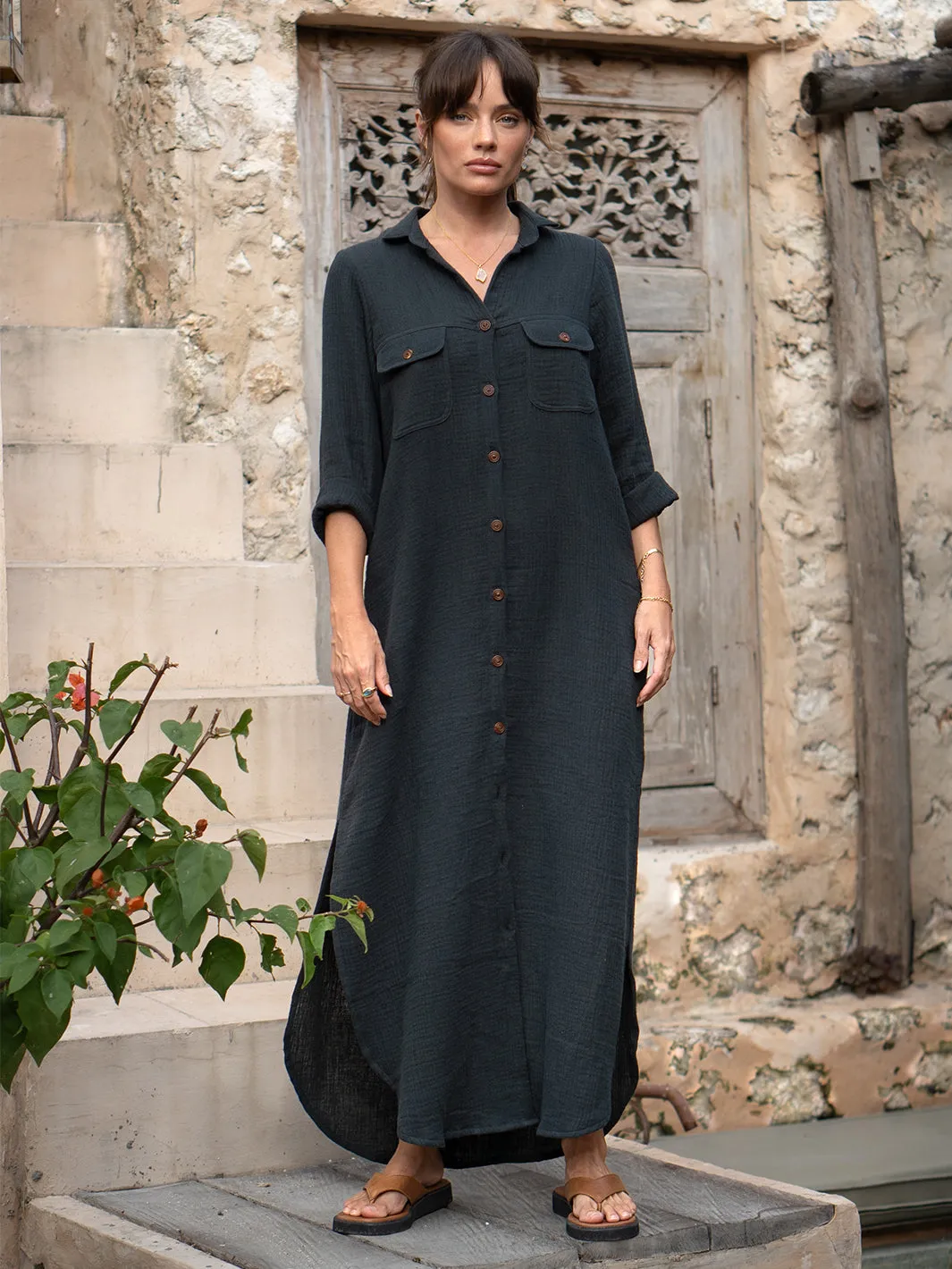 Valentina Linen Blend Shirt Dress Charcoal