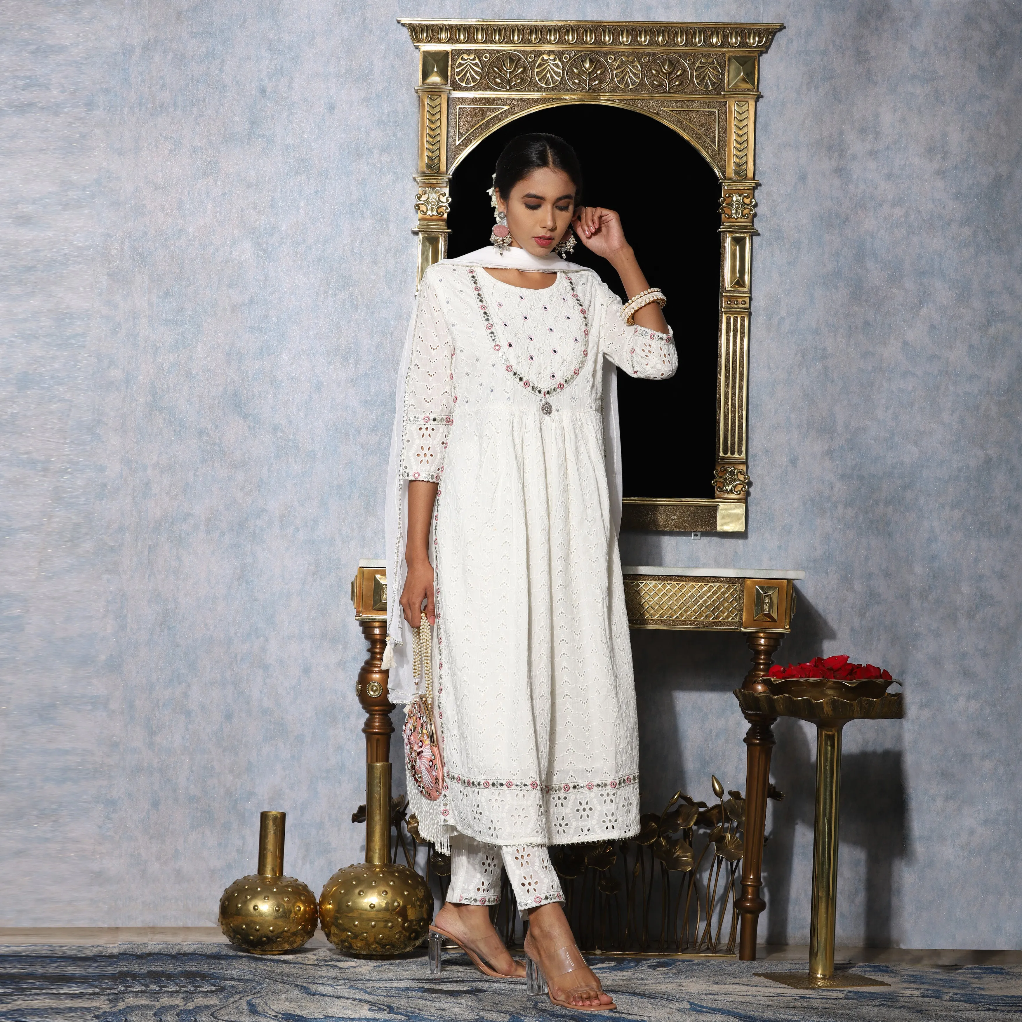 White Schiffi embroidery Hand Work Suit